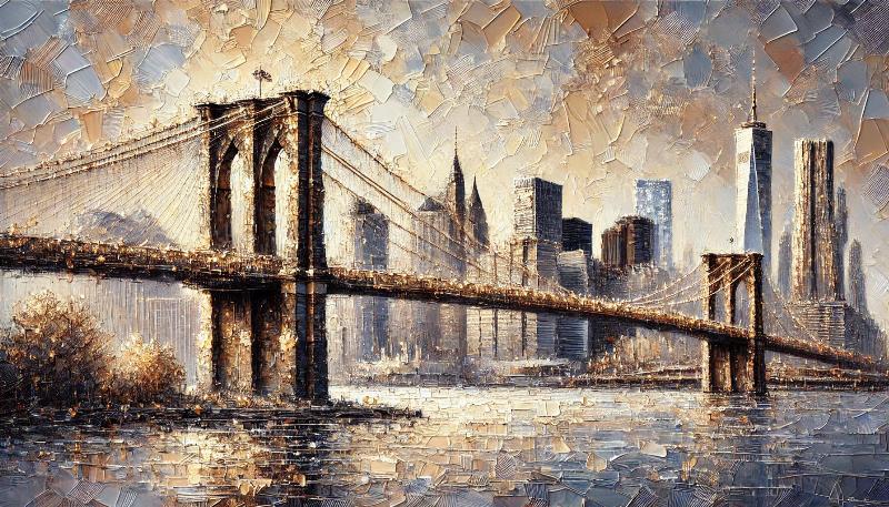 Peinture vibrante de la skyline de New York au crépuscule, lumière dorée sur les gratte-ciel emblématiques